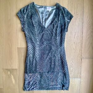Parker Serena Short Sleeve Silver Sequin Cocktail Mini Dress